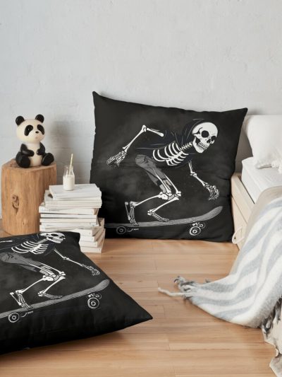 Hooligan Skeleton Riding On A Skateboard Throw Pillow Official Skateboard Merch