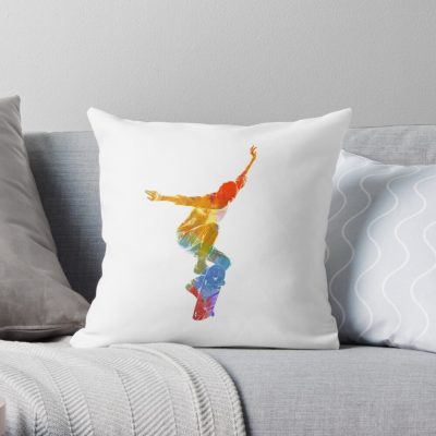 Man Skateboard 05 In Watercolor Throw Pillow Official Skateboard Merch